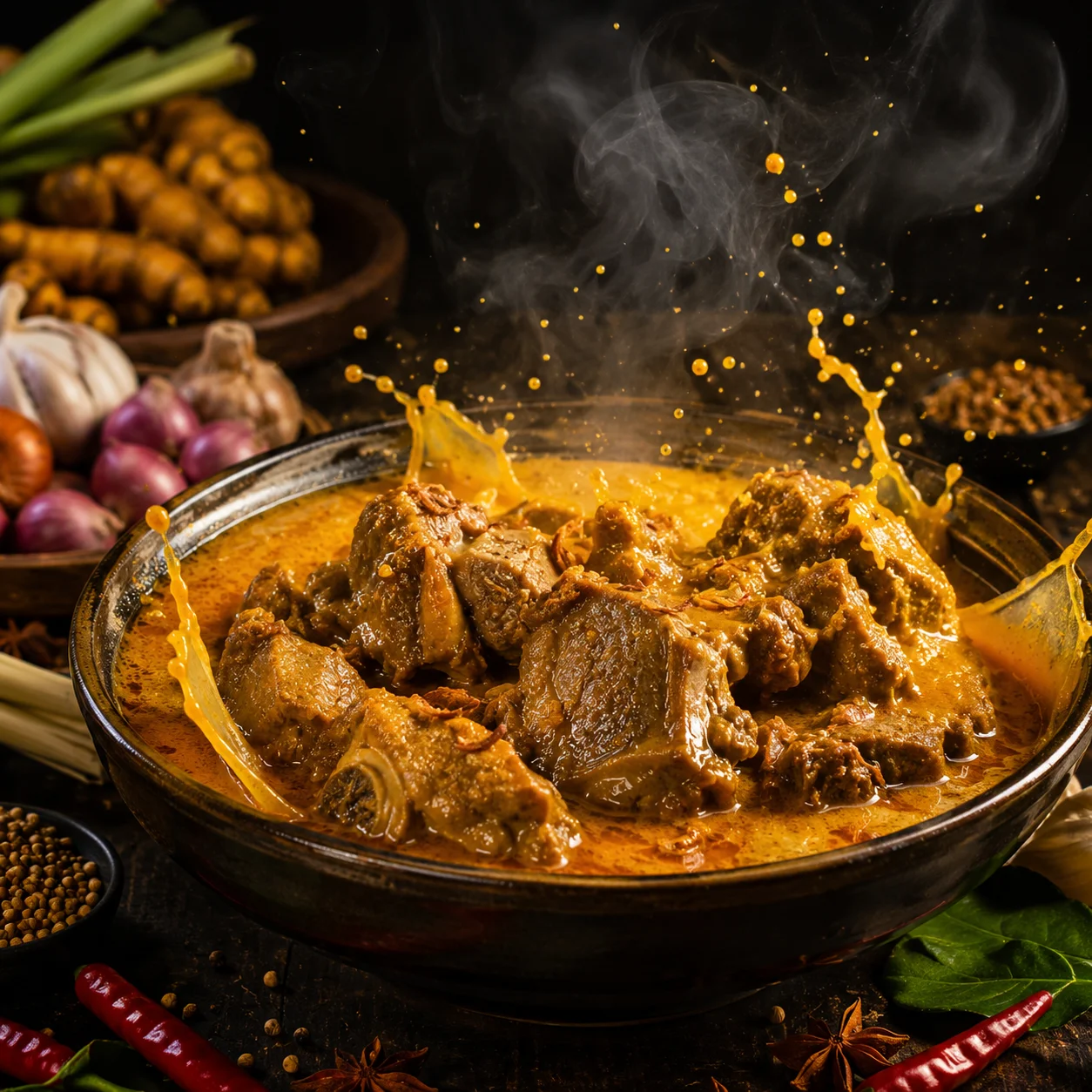 Hidangan gulai kambing hangat dalam mangkuk